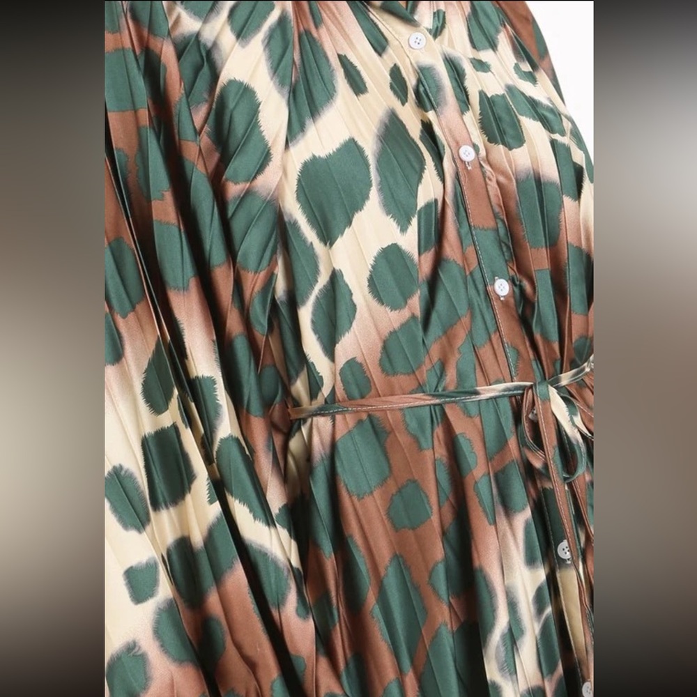 Green Modest Leopard Cheetah Print Pleated Long-Sleeve Maxi Relaxed Fit Dres M-L - Picture 7 of 16